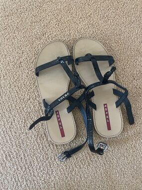 Prada Black Leather T-Strap Ankle Tie Sandals